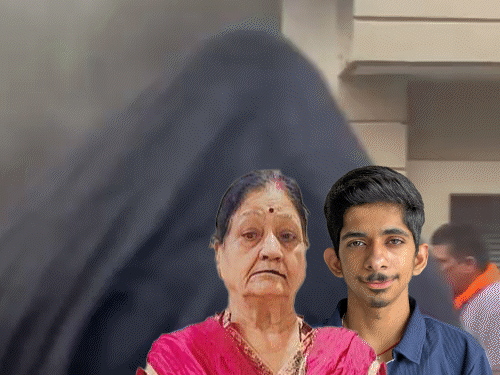 आग से घर में फैला धुआं और इनसेट में दादी सुधा और पोते गर्व की फोटो। - Dainik Bhaskar