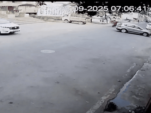 The car goes forward and back, during this time the bicycle rider hawker is crushed.