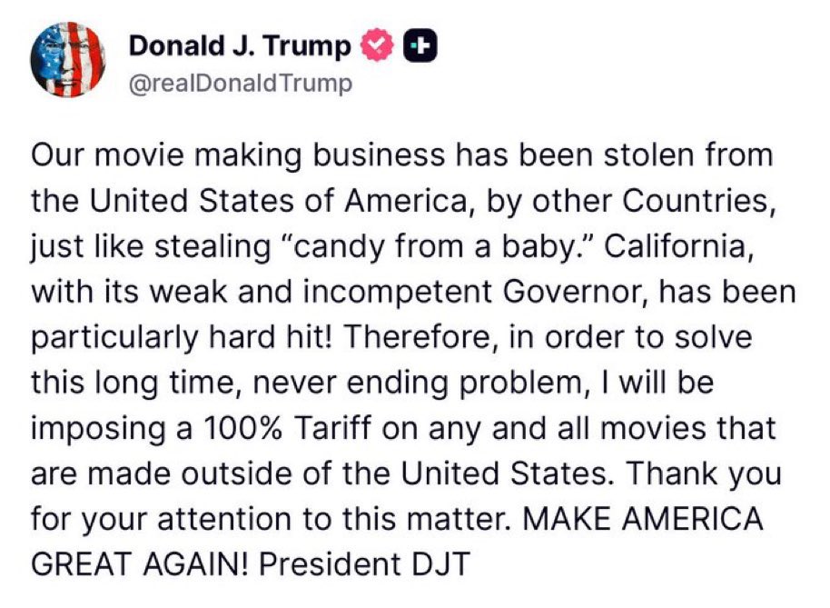 He said that the American film industry has been 'stolen' by foreign companies.