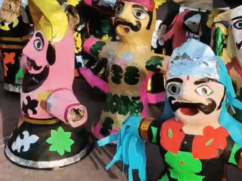 The effigies of Ravana prepared at the Dussehra fair of Amritsar.
