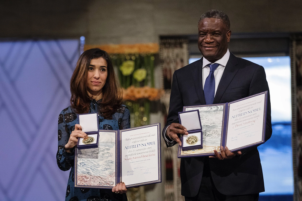 Dennis Mukavij (right) and Nadia Murad (left) were honored for working for the prevention of sexual violence in the war zone.
