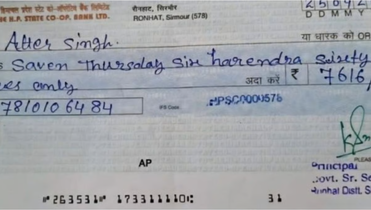 Written on the check- save sixty sixty rupees on Thursday.