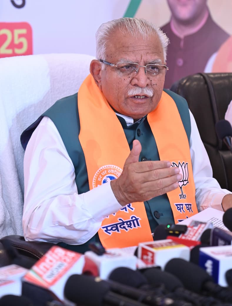 Union Minister Manohar Lal Khattar interacting with reporters at Gurukmal, the BJP office of Gurugram on Friday.