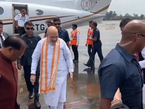 Shah was welcomed by BJP state president Kirandev Singh on reaching Maa Danteshwari Airport.