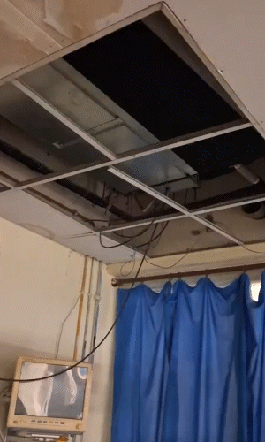 Broken fall silling in ICU and damp on the walls.
