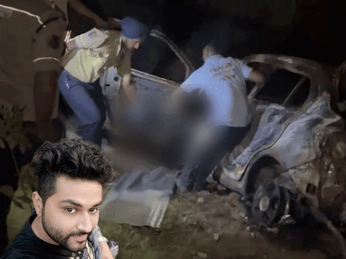 गाड़ी से प्रॉपर्टी डीलर के शव को निकालते हुए पुलिस कर्मचारी। इनसेट में महतेश नारंग की तस्वीर। - Dainik Bhaskar