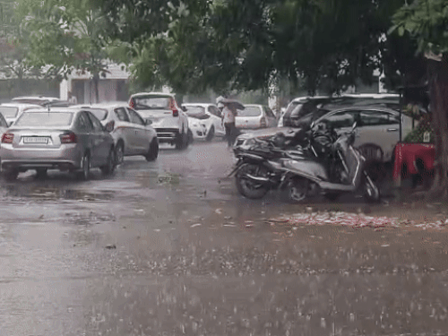 चंडीगढ़ में तेज बारिश के बीच गुजरते वाहन।