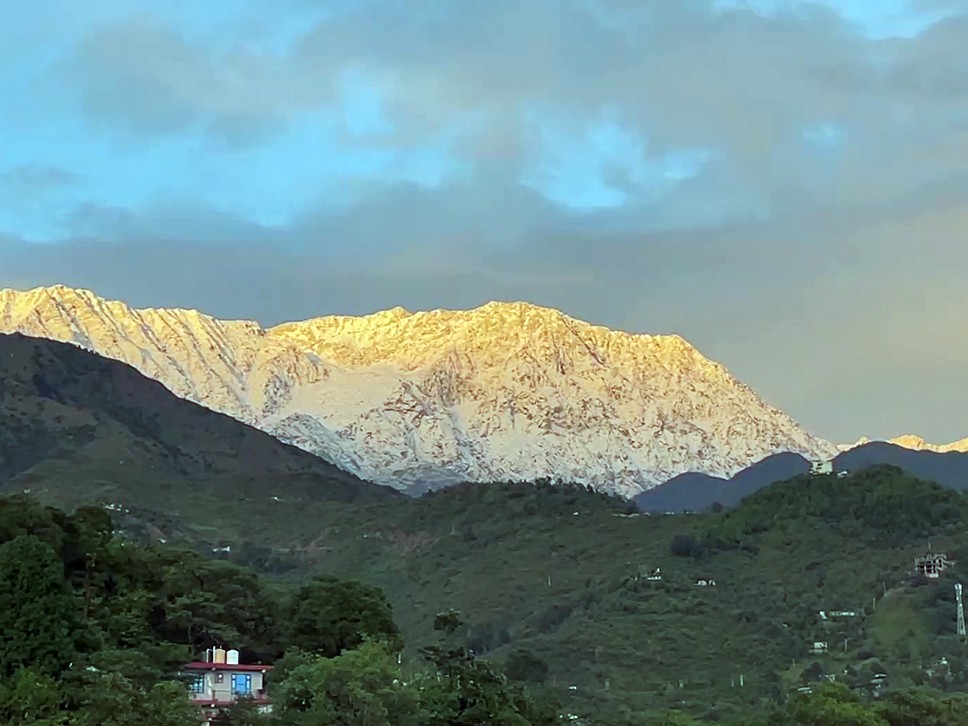 धौलाधार पर्वत श्रंखलाओं पर बर्फबारी के कारण चोटियां सफेद हो गई हैं। - Dainik Bhaskar