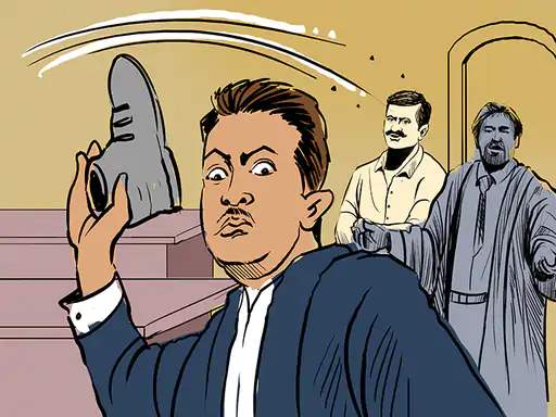 CJI बी आर गवई पर वकील राकेश किशोर ने जूता फेंक दिया। स्केच।