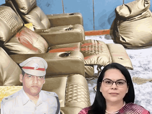 7 अक्टूबर को इसी सोफे पर बैठकर आईपीएस वाई पूरन कुमार ने सुसाइड किया था। इनसेट में पूरन कुमार और उनकी पत्नी आईएएस अमनीत पी कुमार की फाइल फोटो।