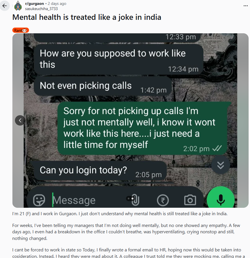 Despite being unwell, the manager sent a WhatsApp message asking if she could log in.