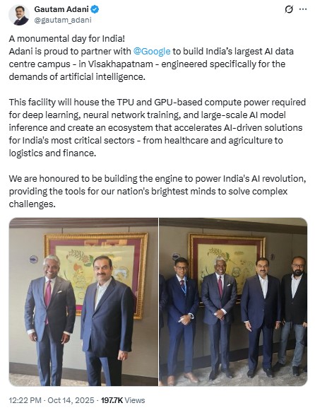 गौतम अडाणी ने X पर पोस्ट शेयर AI डेटा सेंटर कैंपस बनाने के लिए गूगल के साथ अडाणी ग्रुप की पार्टनरशिप के बारे में जानकारी दी है।