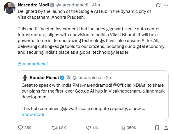 गूगल के CEO सुंदर पिचाई ने X पर पोस्ट शेयर कर PM मोदी से बातचीत के बारे में बताया।