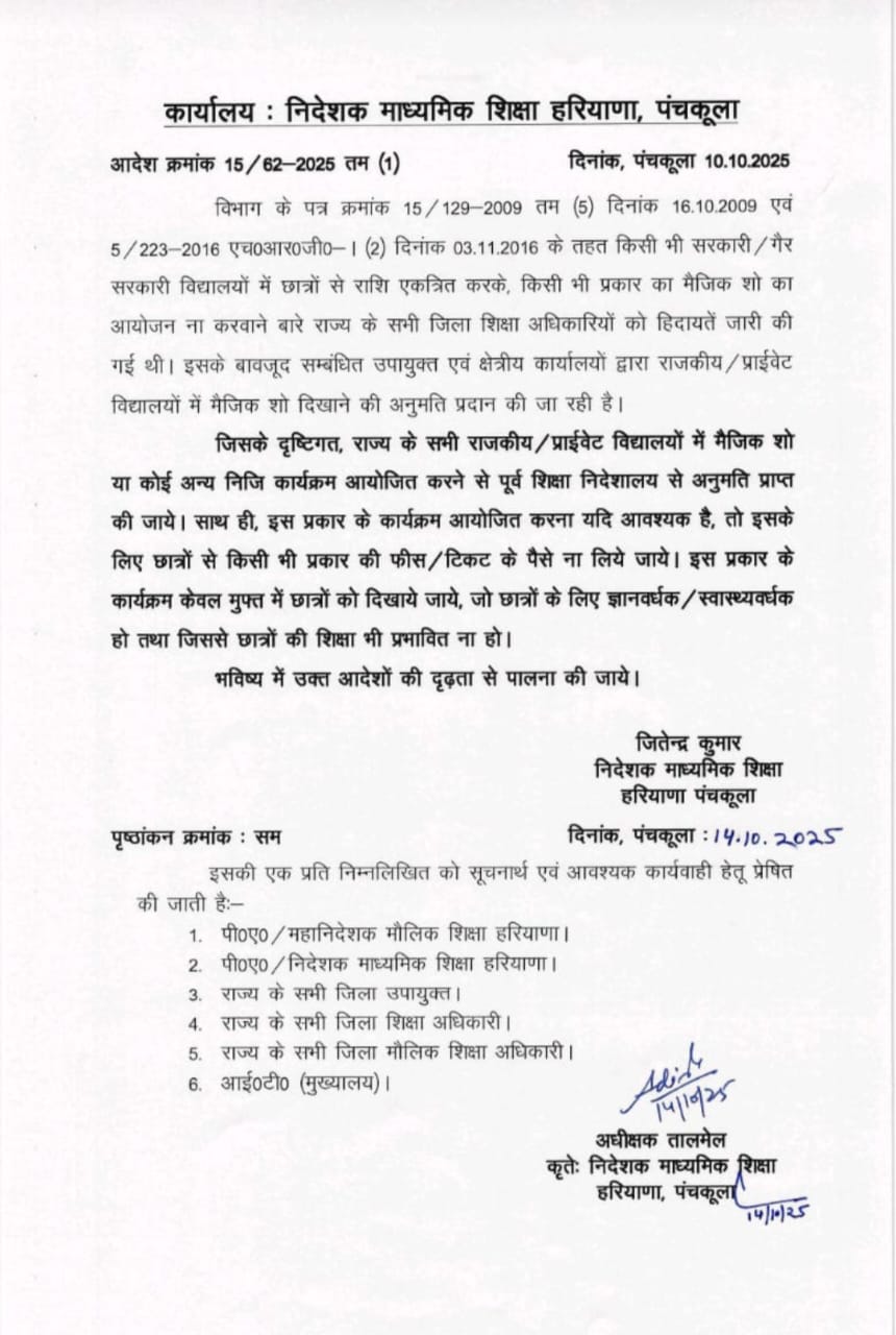 हरियाणा के स्कूलों में अब नहीं दिखाए जाएंगे मैजिक शो:  बच्चों से पैसे लेकर नहीं किए जाएंगे किसी भी प्रकार के कार्यक्रम – Narnaul News