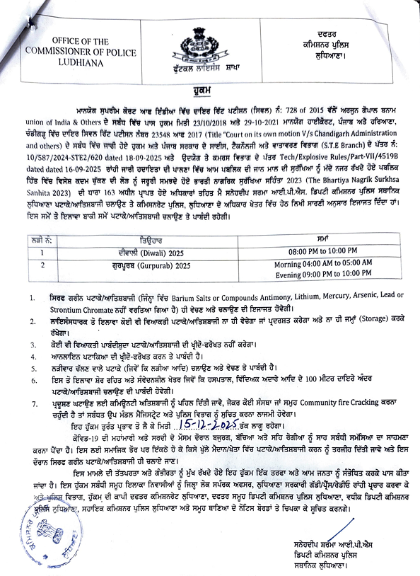 लुधियाना में दीवाली की रात दो घंटे कर सकेंगे आतिशबाजी:  सीपी का आदेश, रात 8 से 10 बजे तक चला सकेंगे पटाखे – Ludhiana News