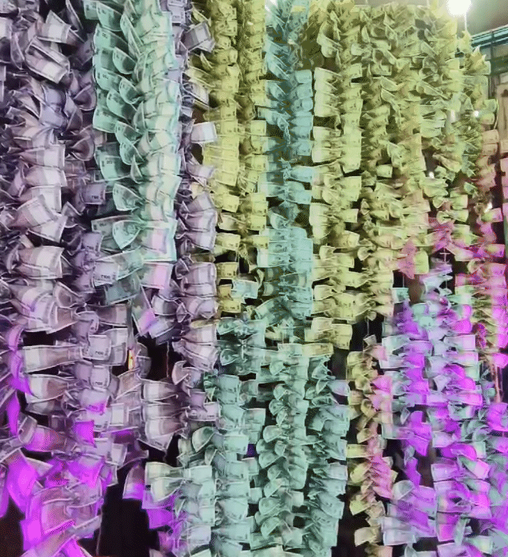 मंदिरों को नोटों की मालाओं से सजाया गया है।