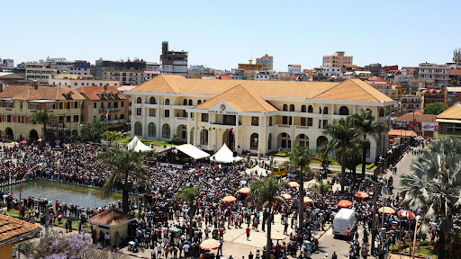 Protesters gather outside the town hall during nationwide protests in Madagascar's capital, Antananarivo.