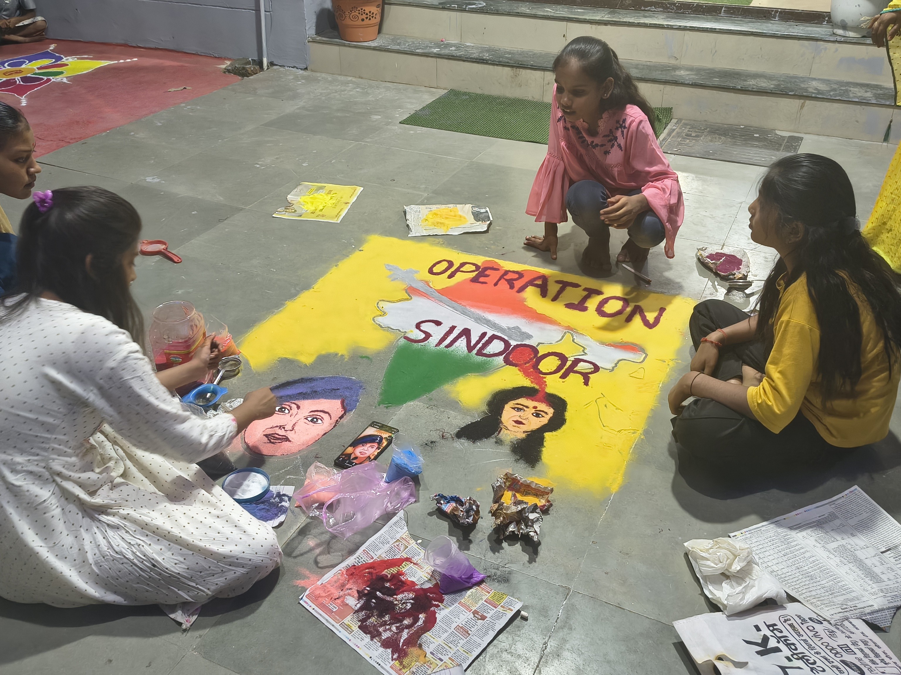 Operation Rangoli Children made rangoli on Operation Sindoor at the city police station.
