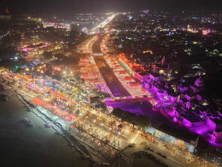 अयोध्या के दीपोत्सव के दौरान ड्रोन से ली गई तस्वीर।