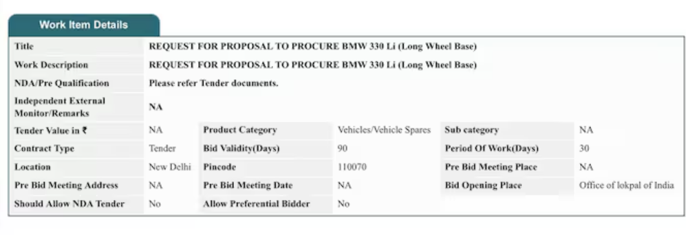 लोकपालने BMW लक्झरी कार खरेदीसाठी निविदा जारी केली: एका गाडीची किंमत ₹70 लाखांपेक्षा जास्त; 7 गाड्या खरेदी करणार लोकपाल कार्यालयाने बीएमडब्ल्यू कारसाठी निविदा जारी केली आहे.