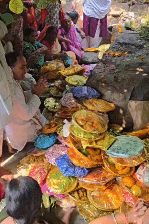 गिरिराज जी को भक्तों ने अलग-अलग व्यंजन लाकर अर्पित किए।