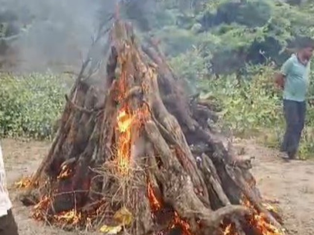 पाली जिले के धर्मधारी गांव में रविवार शाम को गम आंखों से खुशबू का अंतिम संस्कार किया गया। - Dainik Bhaskar