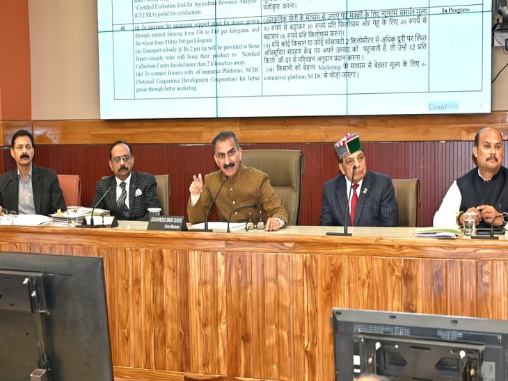 प्रदेश सचिवालय छोटा शिमला में मुख्यमंत्री सुक्खू बजट घोषणाओं की समीक्षा के लिए आयोजित मीटिंग की अध्यक्षता करते हुए।