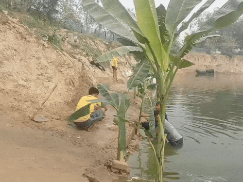 गुरुग्राम के बजघेड़ा तालाब के किनारे को अर्घ्य देने के लिए सजाया गया है।