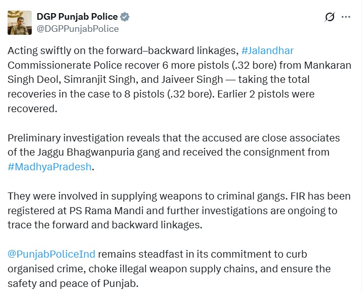 जालंधर में जग्गू भगवानपुरिया के गैंगस्टरों से 6 पिस्तौल बरामद:  एनकाउंटर में गिरफ्तार हुए थे 3 बदमाश, अमृतसर में गैंगस्टर धर्मा की हत्या की थी – Jalandhar News
