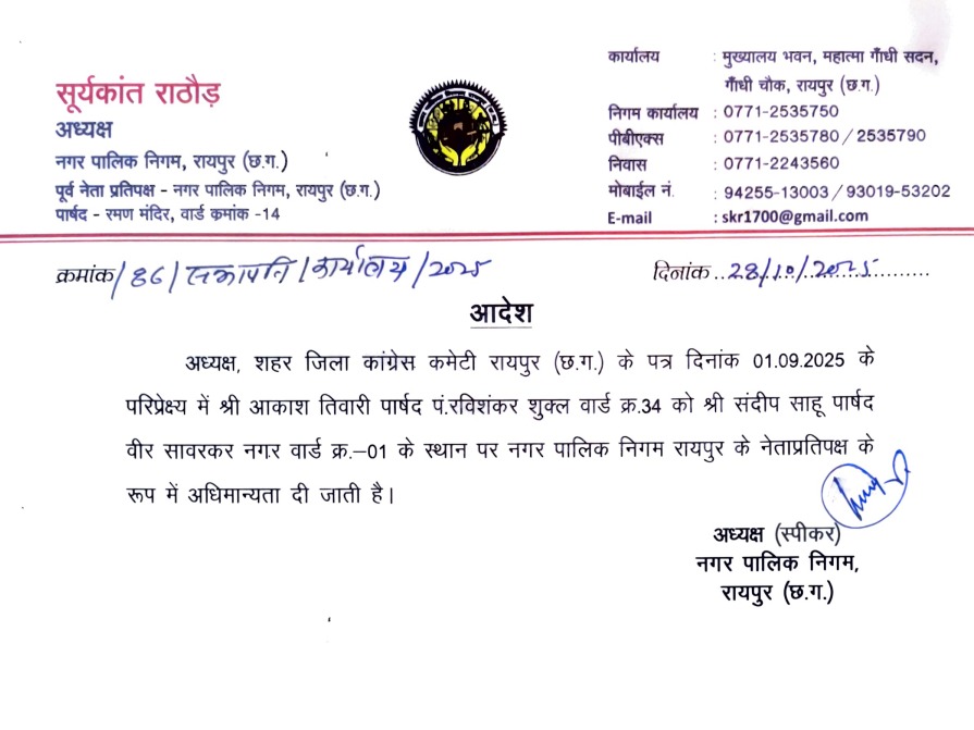 Chhattisgarh Raipur Municipal Corporation General Assembly | रायपुर निगम नेता-प्रतिपक्ष बदलने के बाद पहली सामान्य सभा: एक घंटे तक चलेगा प्रश्नकाल, सड़क-पानी-सफाई और बिजली समेत 14 अहम मुद्दों पर होगी चर्चा - Chhattisgarh News 2 सभापति सूर्यकांत राठौर ने आकाश तिवारी को नेता प्रतिपक्ष बनाने जारी किया आदेश।