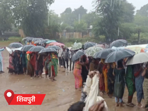 शिवपुरी में किसान बारिश के बीच खाद लेने पहुंचे।