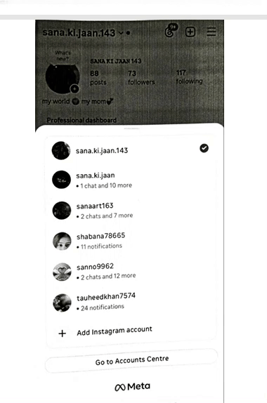 नाबालिगा की बनाई गई इंस्टाग्राम की आईडी की सूची