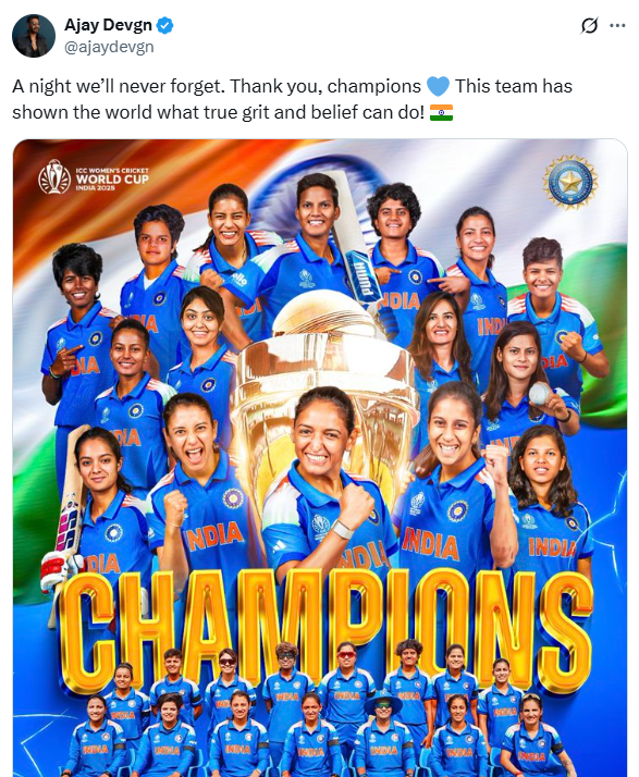 विश्‍व चैंपियन भारतीय महिला क्रिकेट टीम को बॉलीवुड सेलेब्‍स की बधाई, कहा- आपने गर्व महसूस कराया