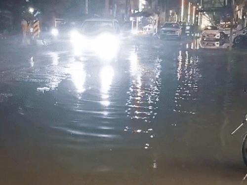 फतेहाबाद के जीटी रोड पर दुकानों के आगे जमा बारिश का पानी।