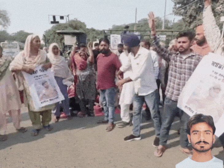 समराला में सड़क जाम कर कबड्डी खिलाड़ी गुरविंदर को न्याय दिलाने की मांग पर प्रदर्शन करते ग्रामीण। - Dainik Bhaskar