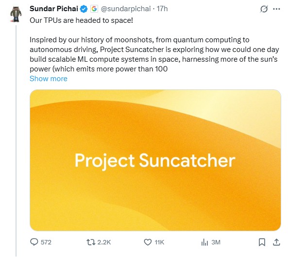 गूगल के CEO सुंदर पिचाई ने X पर पोस्ट शेयर कर प्रोजेक्ट 'सनकैचर' की जानकारी दी।