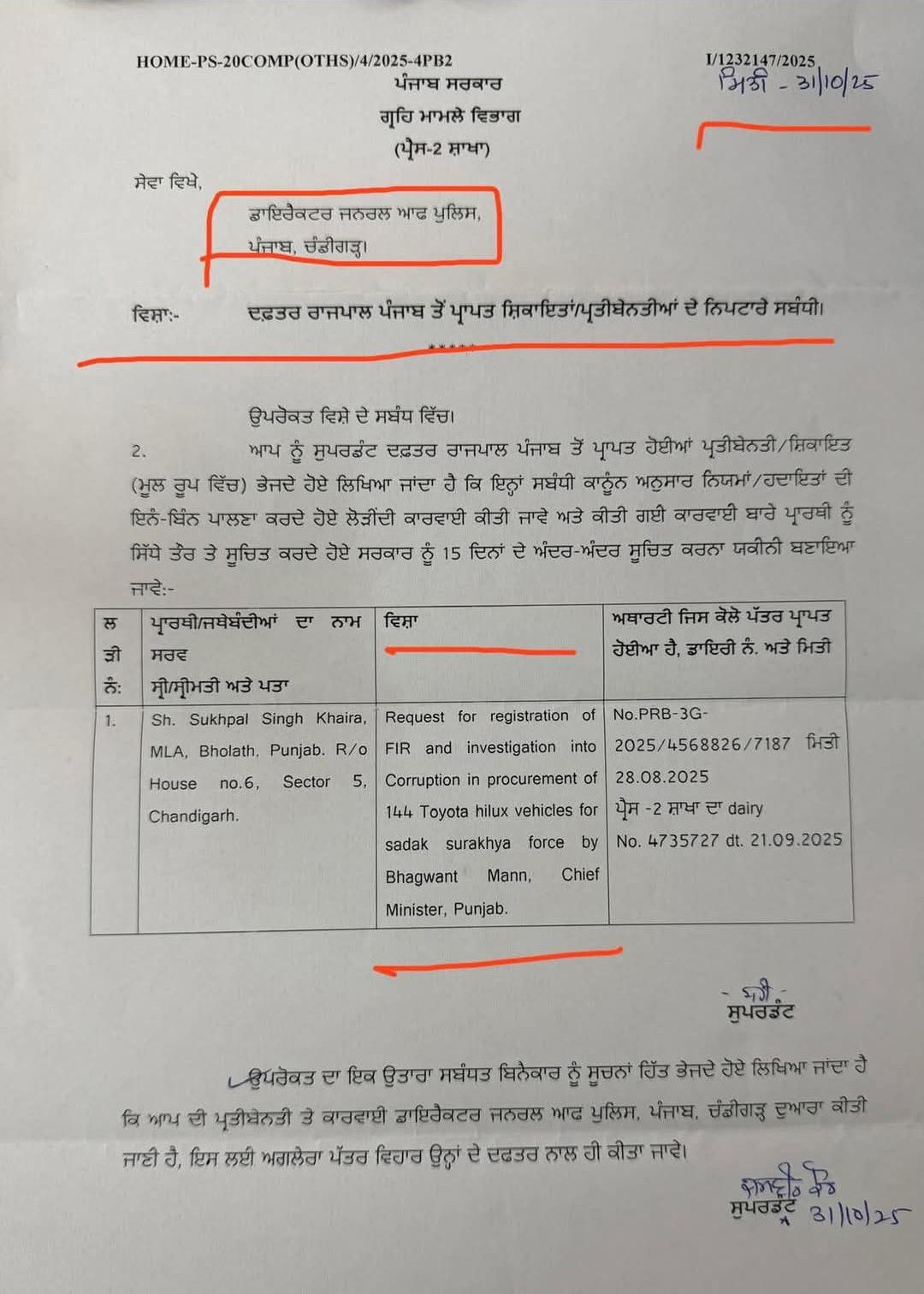 गृह विभाग की तरफ से जांच के लिए जारी किया गया पत्र।