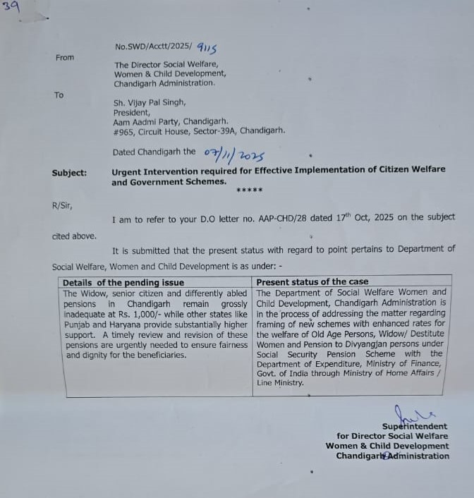 चंडीगढ़ प्रशासन की तरफ से आप चंडीगढ़ को दिए गए जवाब की कॉपी।