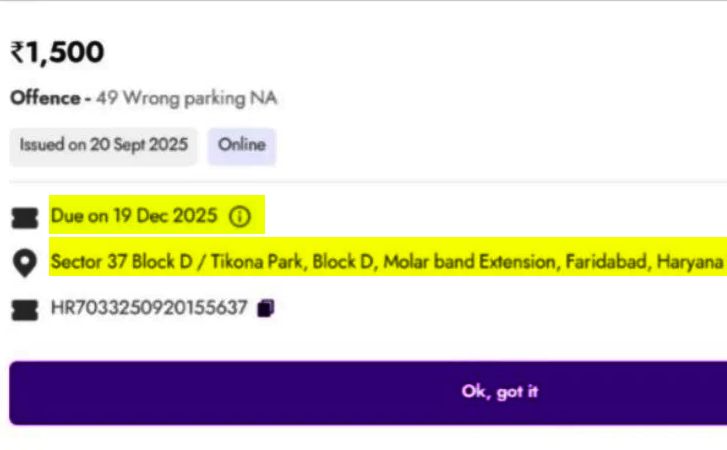 The car involved in the blast received a challan (fine) of Rs 1500 on September 20, 2025. This is the slip for that challan.