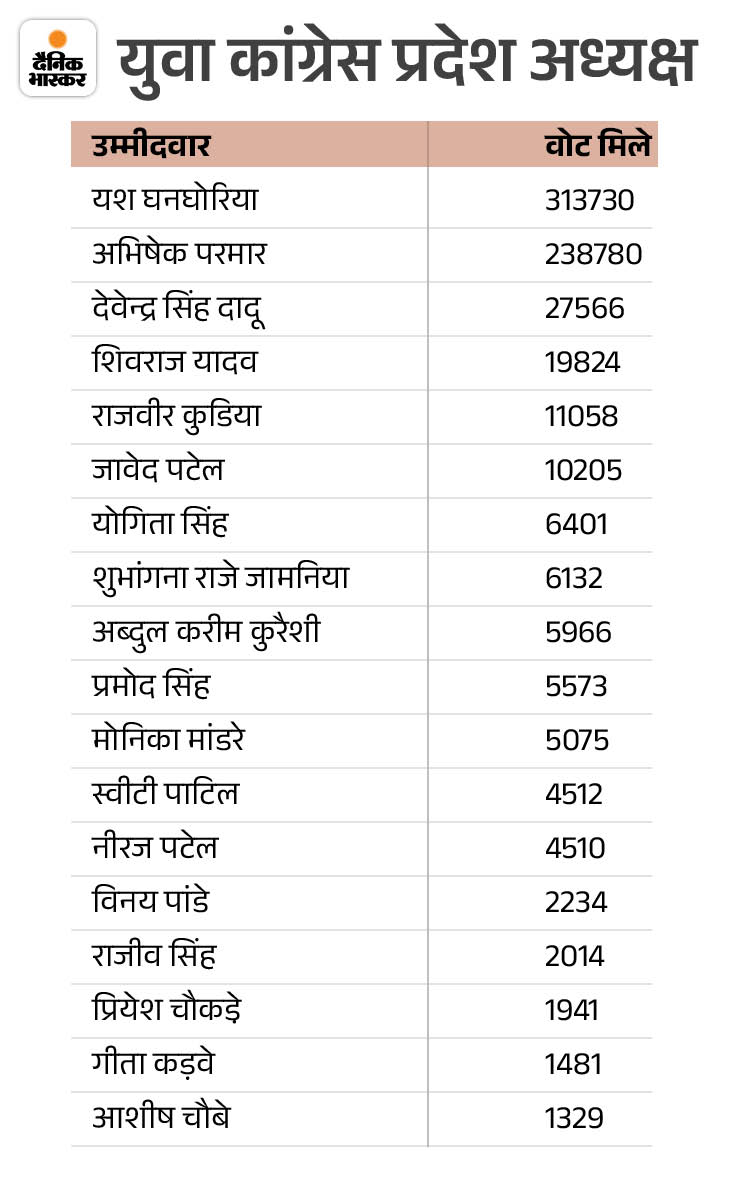 युवा कांग्रेस प्रदेश अध्यक्ष के उम्मीदवारों को मिले वोट।