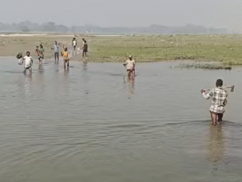 किशनगंज में मतदाता कमर भर पानी में नदी पार कर पोलिंग बूथ तक पहुंचे।