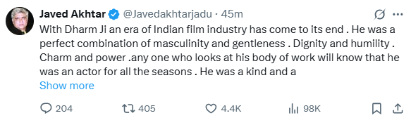 जावेद अख्तर ने भी धर्मेंद्र के निधन की खबर मिलने के बाद शोक व्यक्त किया।