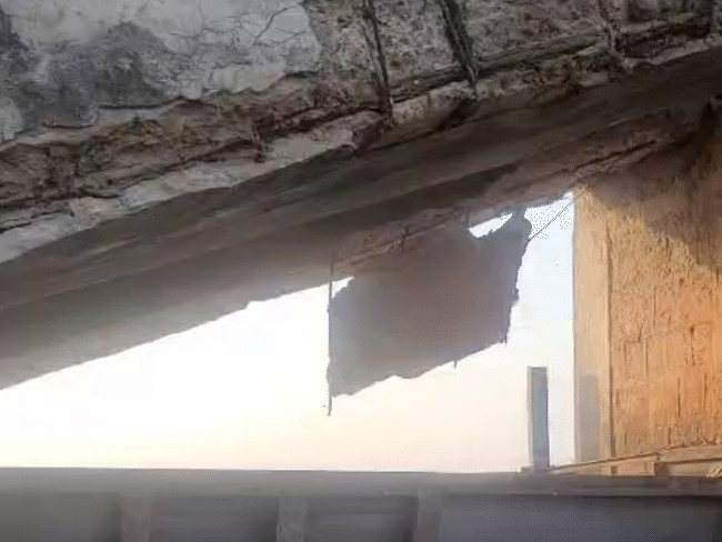 प्लास्टर के बड़े-बड़े टुकड़े लटक रहे हैं।