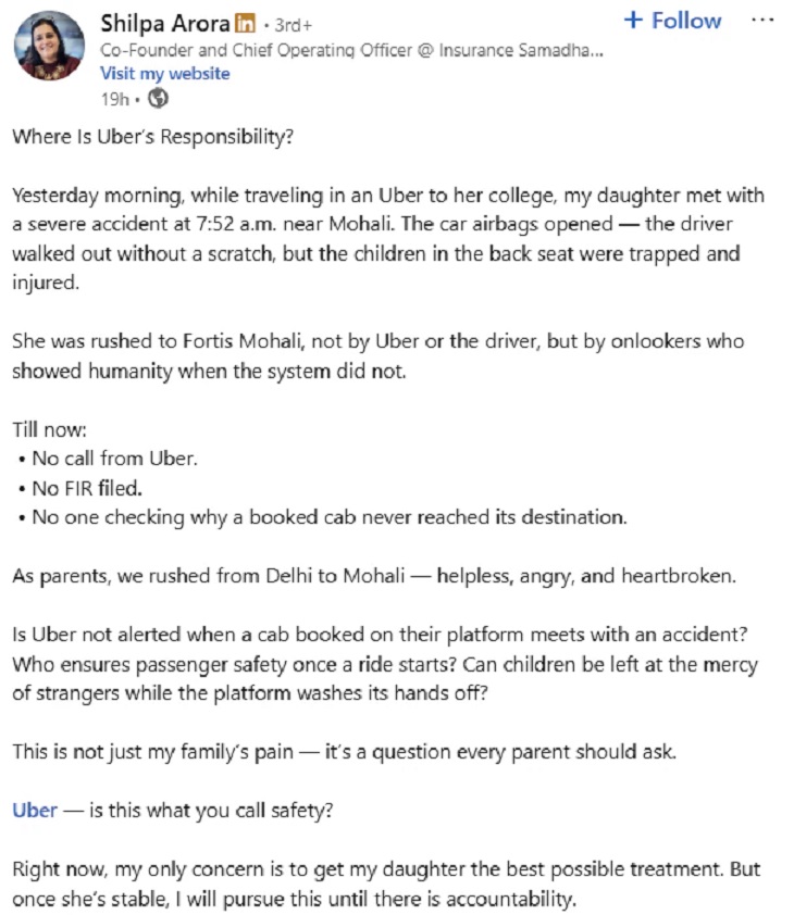 मोहाली में एक्सीडेंट में स्टूडेंट घायल:  ड्राइवर ने नहीं की मदद, लोगों ने हॉस्पिटल पहुंचाया, उबर पर भड़की छात्रा की मां – Chandigarh News