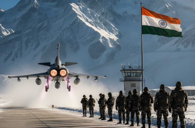 न्योमा एयरबेस लाइन ऑफ एक्‍चुअल कंट्रोल से लगभग 25 किमी दूर है।