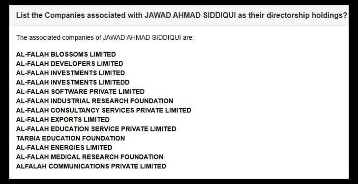 जवाद अहमद सिद्दीकी की कंपनियों की लिस्टिंग।
