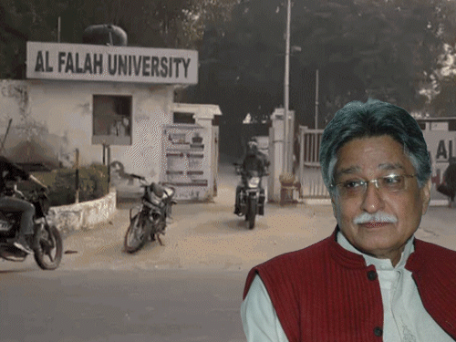 फरीदाबाद की अल फलाह यूनिवर्सिटी। इनसेट में जावेद अहमद सिद्दीकी की फोटो। - Dainik Bhaskar