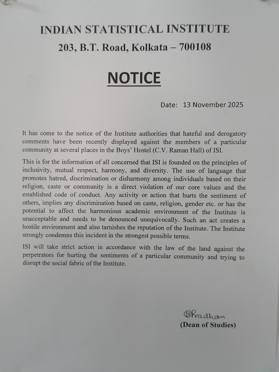 इंस्टीट्यूट प्रशासन की ओर से जारी नोटिस।