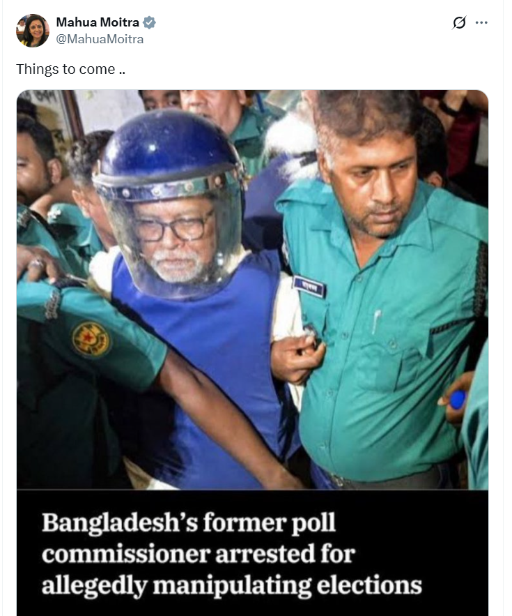 महुआ मोइत्रा ने X पर बांग्लादेश के पूर्व चुनाव आयुक्त नुरुल हुदा की ये फोटो शेयर की।