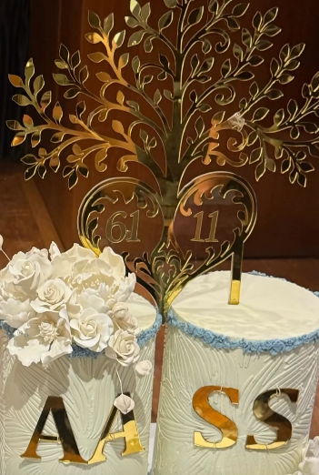 एनिवर्सरी सेलिब्रेशन के लिए कपल के नाम के इनिशियल वाला कस्टमाइज केक बनवाया गया था।